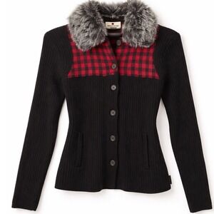 Woolrich Womens Lambswool Buffalo Plaid Faux Fur collar Ribbed Knit Sweater Sm